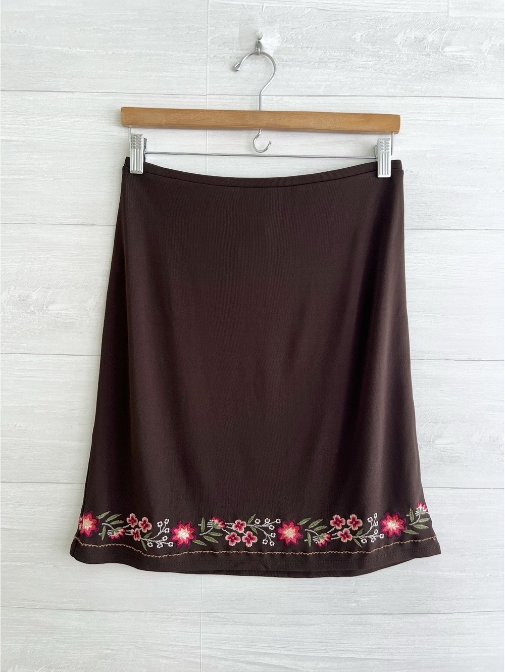 Vintage LOFT Petites Brown Floral Embroidered A-Line Skirt SP Stretch